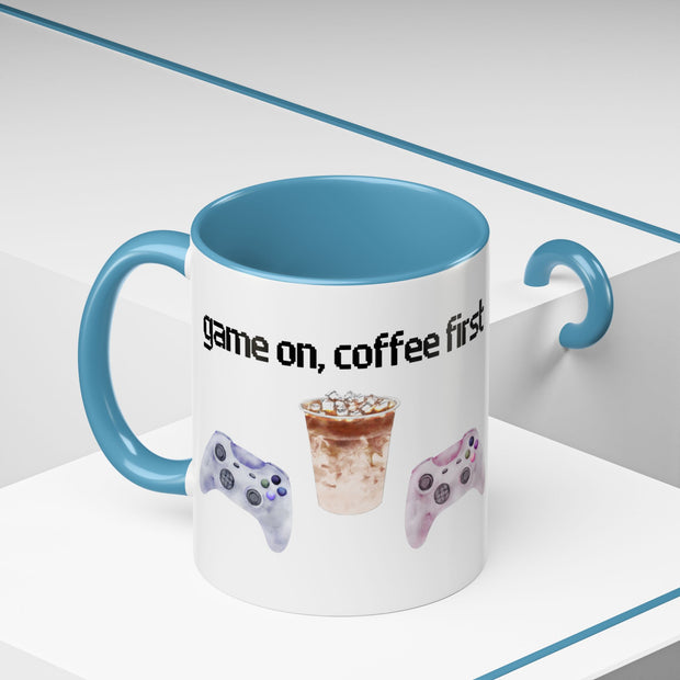 'Game On, Coffee First' Accent Coffee Mug