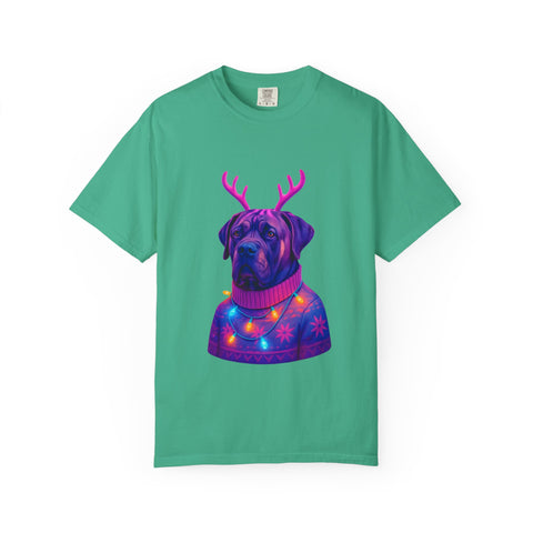 Neon English Mastiff Dog with Antlers T-Shirt | Christmas Sweater Lights Design