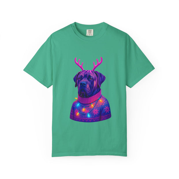 Neon English Mastiff Dog with Antlers T-Shirt | Christmas Sweater Lights Design