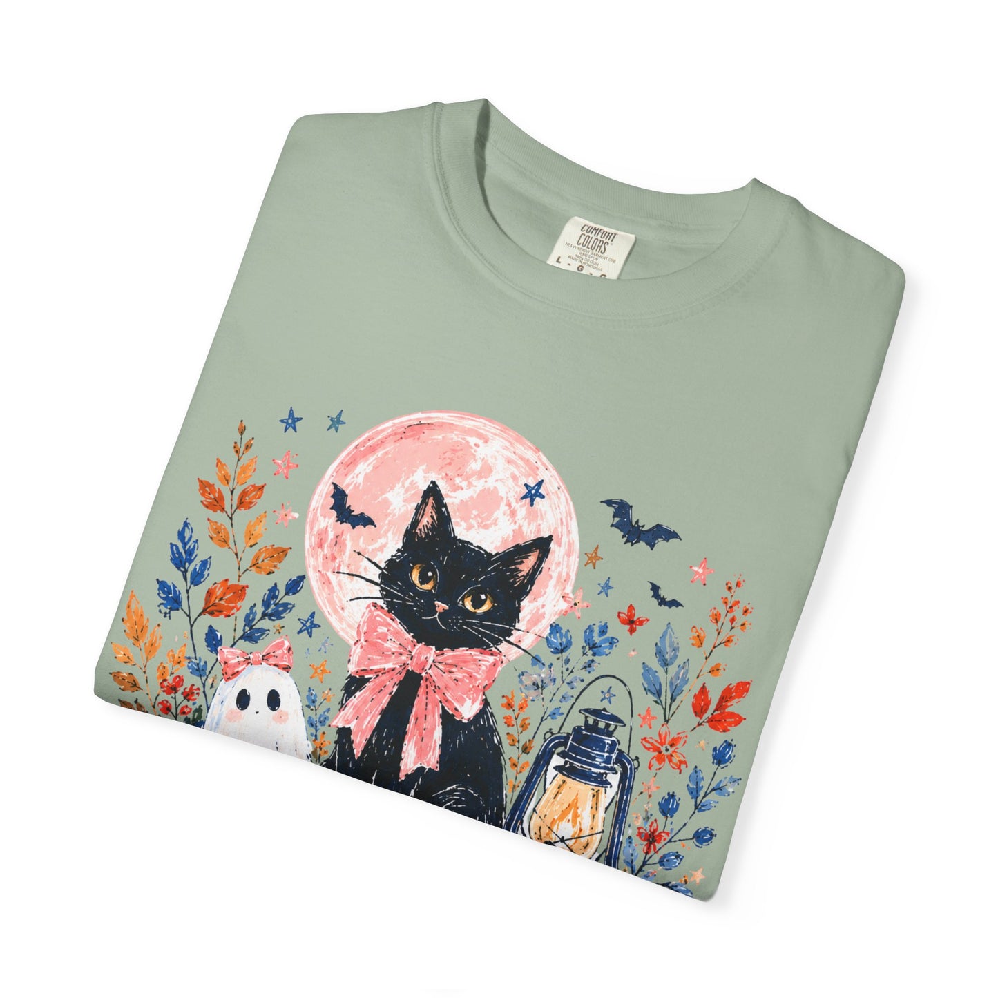 Black Cat with Pumpkins T-shirt | Halloween Moon Lantern Floral Design