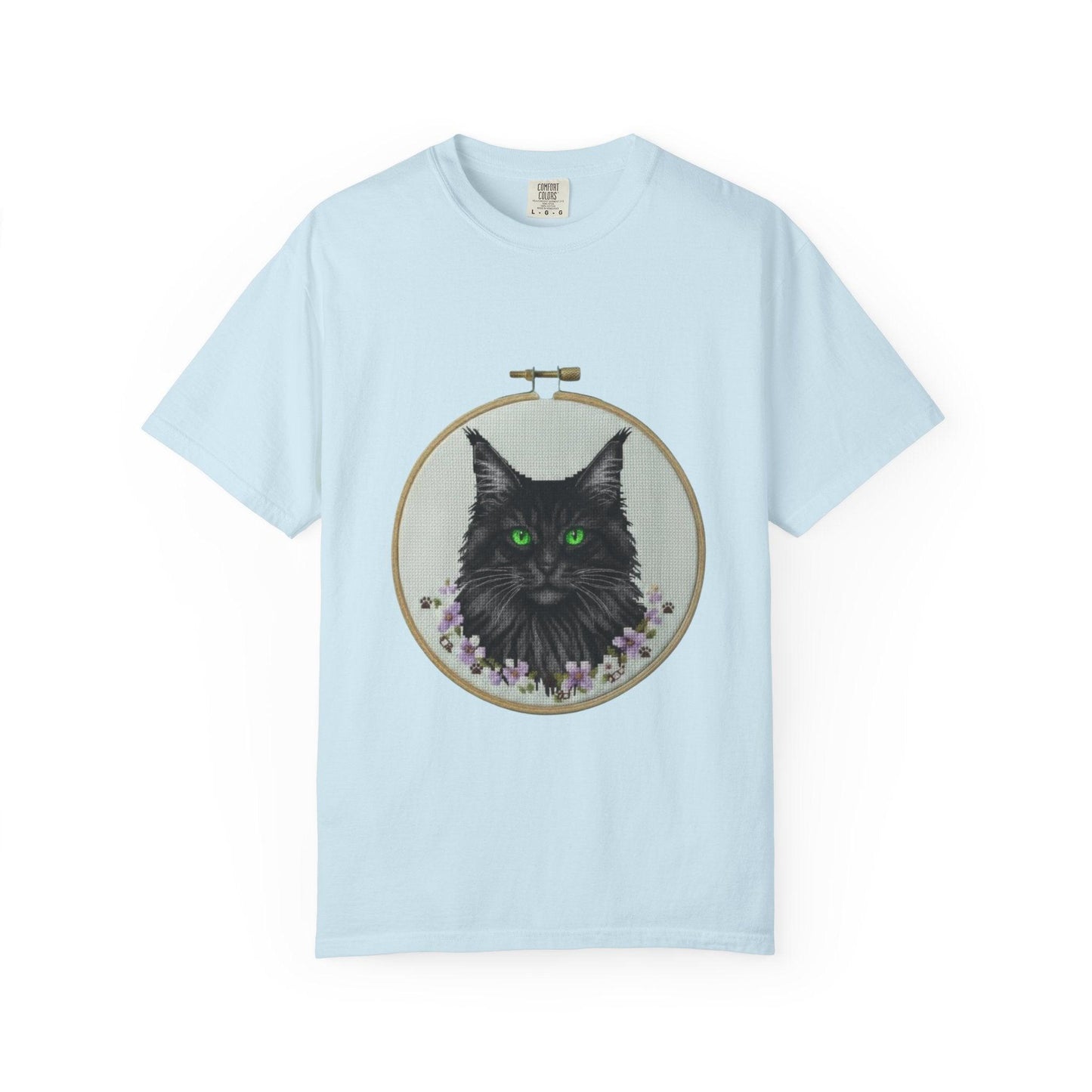 Black Cat Portrait T-Shirt | Embroidery Hoop Art, Green Eyes