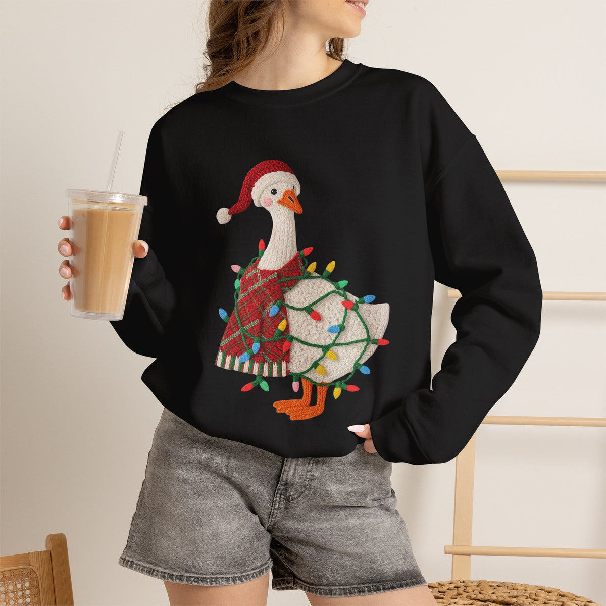 Christmas Goose Wearing Santa Hat Crewneck Sweatshirt | Holiday Duck in Lights