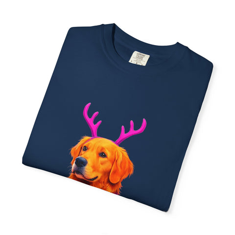 Golden Retriever with Antlers sweater T-Shirt | Neon Holiday Dog Design