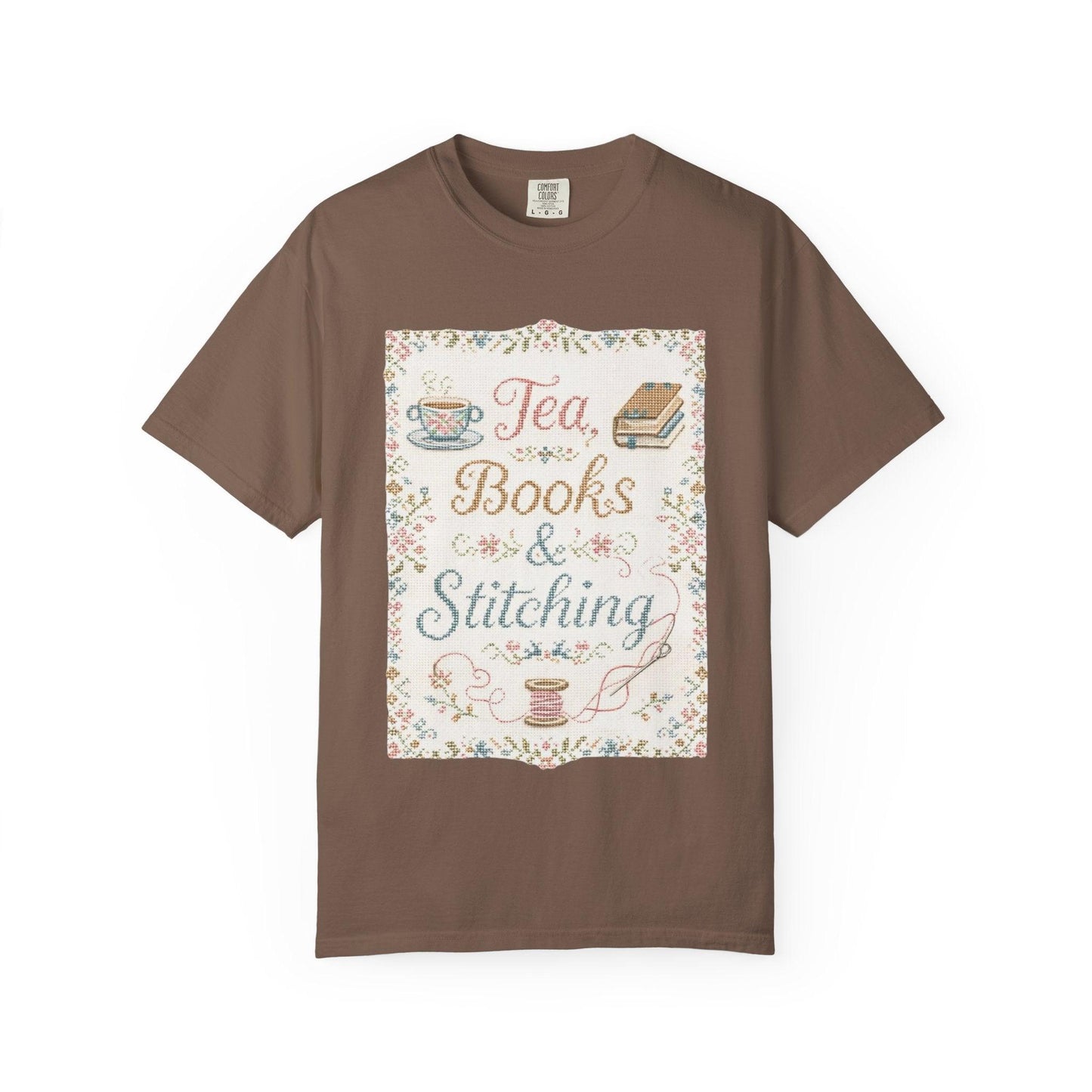 Tea Books & Stitching T-shirt | Reading, Sewing, Cozy Hobby Design