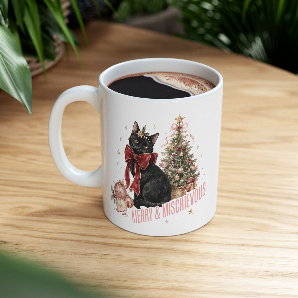 Black Cat Christmas Mug, Merry & Mischievous Cat Mug, Cat Lover Christmas Gift, Coquette Holiday Mug, Cute Black Cat Gift