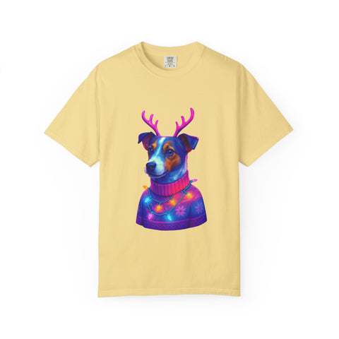 Jack Russell in Reindeer Sweater T-shirt | Neon Holiday Dog Design