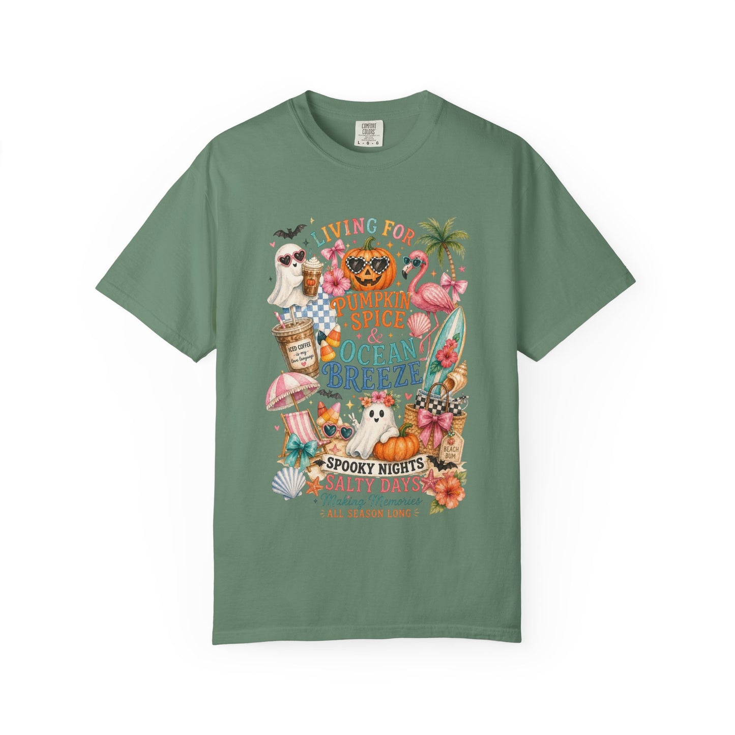 Pumpkin Spice & Ocean Breeze T-Shirt, Summerween Flamingo Shirt, Halloween Beach Tee, Tropical Spooky Season Graphic, Fall Vacation Shirt