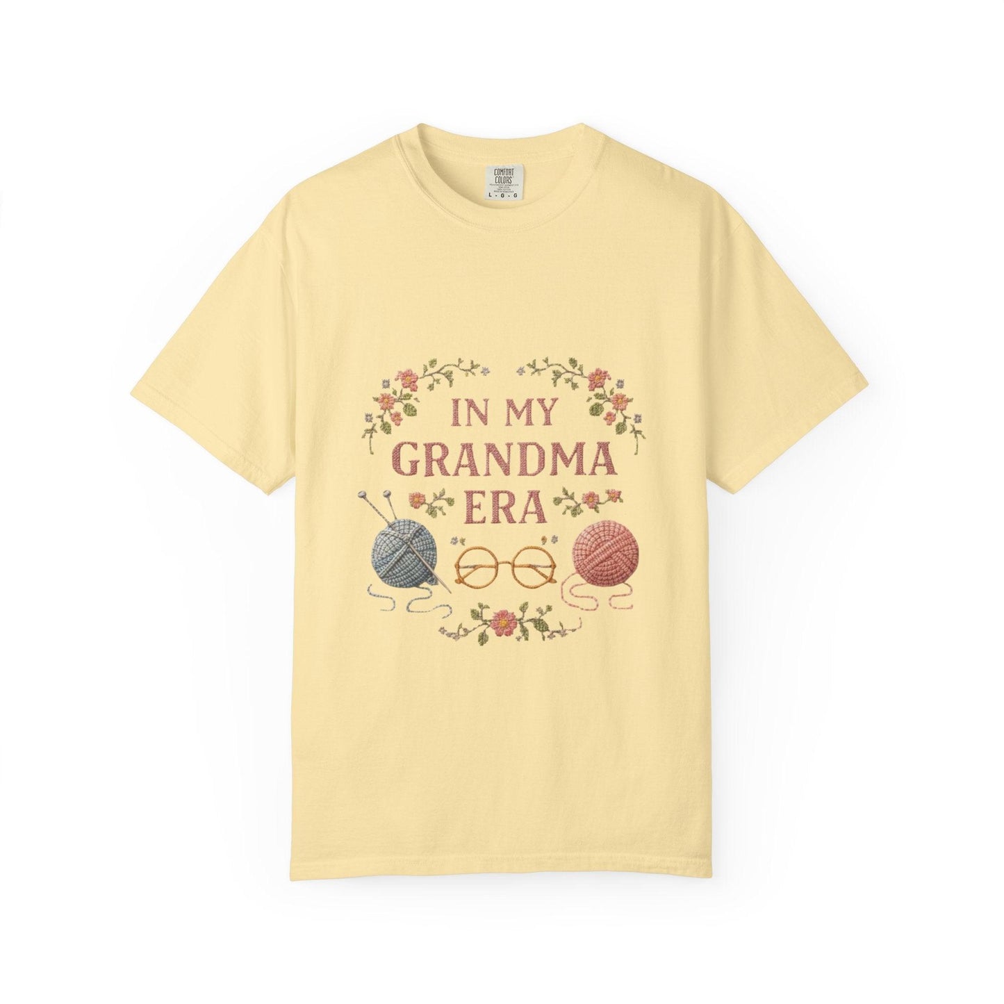 In My Grandma Era knitting balls glasses T-shirt | vintage floral knit design