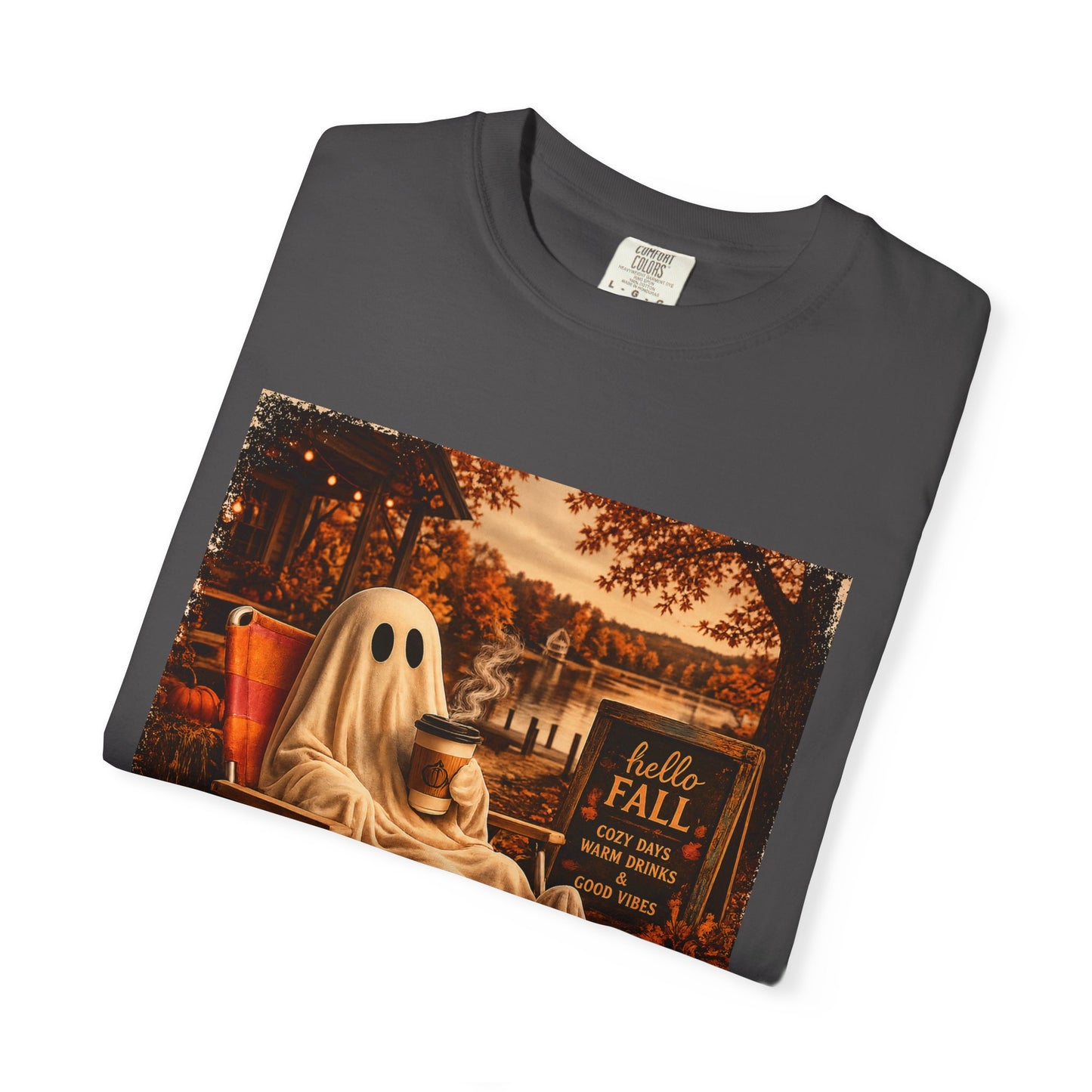 Cozy Ghost in Chair Fall T-shirt | Autumn Leaves, Retro Halloween Scene, Summerween