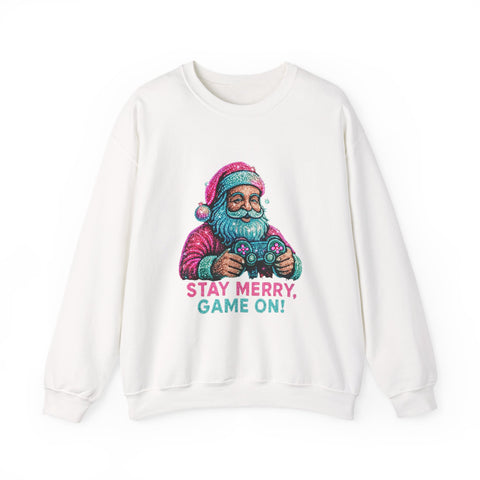 Santa with Game Controller Crewneck, Stay Merry Game On Holiday Sweatshirt