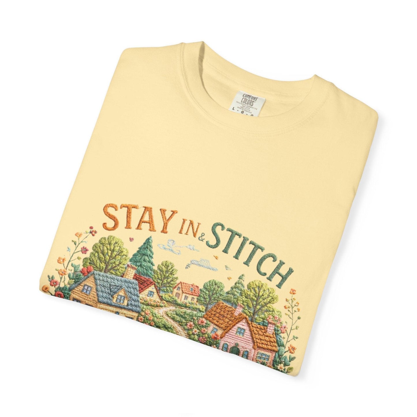 Stay In and Stitch Shirt, Cottagecore Sewing Tee, Grandma Hobbies Top, Vintage Cross Stitch Floral Village