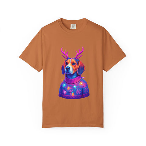 Neon Beagle in Reindeer Antlers T-Shirt | Christmas Dog Sweater Design