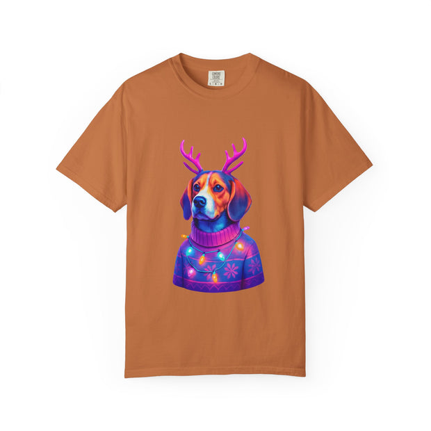 Neon Beagle in Reindeer Antlers T-Shirt | Christmas Dog Sweater Design