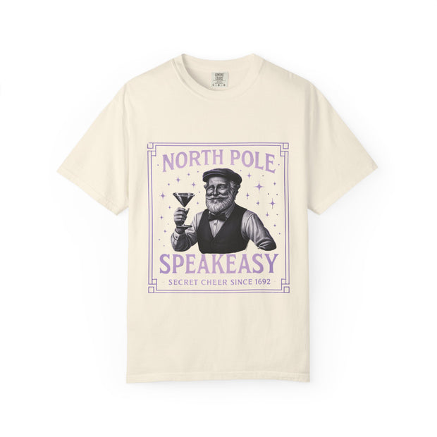 North Pole Speakeasy T-Shirt, Holiday T-Shirt, Unisex Christmas Tee, Vintage Style Tee, Fun Santa Shirt, Festive Gift Idea