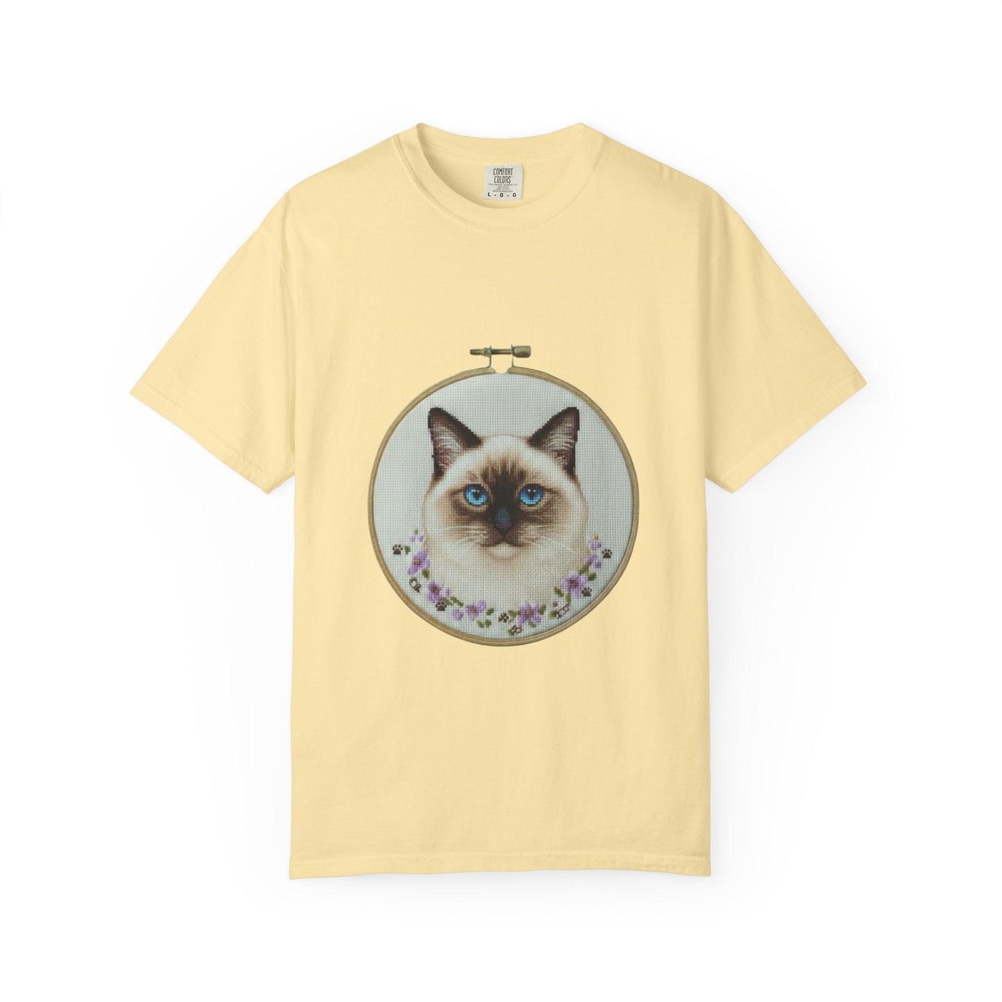 Blue-Eyed Siamese Cat Portrait T-Shirt | Embroidery Hoop Floral Design