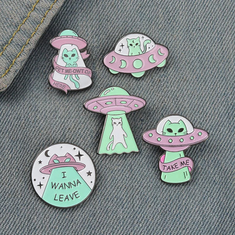 Escape Here Alien Cat Enamel Pin Collection