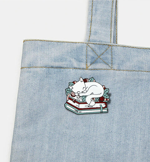 Cat Curled Up In A Book Enamel Pin