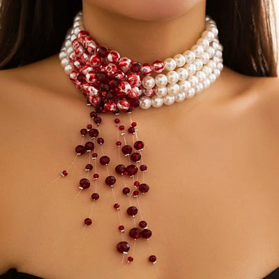 Gothic Pearl & Red Crystal Tassel Choker Necklace