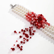 Gothic Pearl & Red Crystal Tassel Choker Necklace