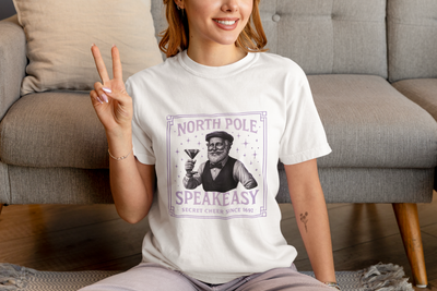 North Pole Speakeasy T-Shirt, Holiday T-Shirt, Unisex Christmas Tee, Vintage Style Tee, Fun Santa Shirt, Festive Gift Idea