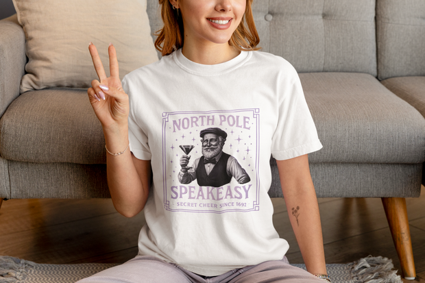 North Pole Speakeasy T-Shirt, Holiday T-Shirt, Unisex Christmas Tee, Vintage Style Tee, Fun Santa Shirt, Festive Gift Idea