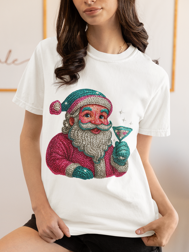 Santa Holding Martini T-Shirt | Vintage Retro Holiday Illustration