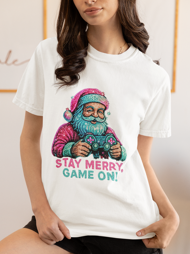 Stay Merry Game On Santa T-Shirt | Christmas Gaming Tee