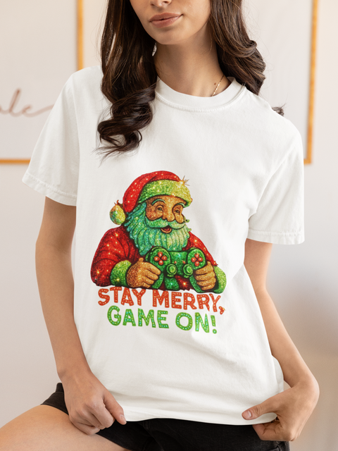 Stay Merry Game On Santa, T-Shirt | Christmas Gamer Holiday Tee