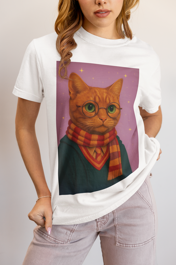 Pawgwarts Orange Cat Wizard T-Shirt
