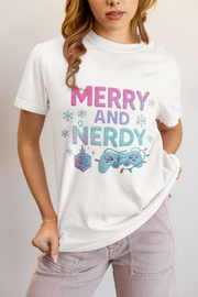 Merry and Nerdy T-Shirt, Unisex Gamer Tee, Holiday Gaming Shirt, Fun Christmas Apparel, Gift for Nerds, Cozy Casual Style