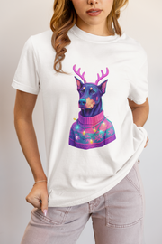 Festive Doberman Holiday T-Shirt, Christmas Shirt, Unisex Gift, Funny Pet Apparel, Cozy Winter Wear, Animal Lover Tee