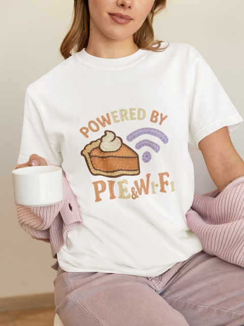 Powered by Pie and Wi-Fi T-Shirt, Funny Unisex Tee, Gift for Pie Lovers, Tech Enthusiasts, Perfect for Holidays and Parties