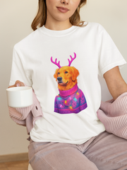 Golden Retriever with Antlers sweater T-Shirt | Neon Holiday Dog Design