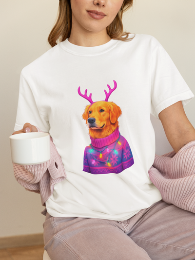 Golden Retriever with Antlers sweater T-Shirt | Neon Holiday Dog Design