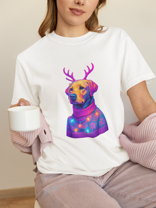 Labrador Retriever with Reindeer Antlers T-Shirt | Neon Holiday Sweater Dog