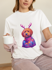 Golden Doodle in Reindeer Antler Sweater T-Shirt | Holiday Dog Portrait