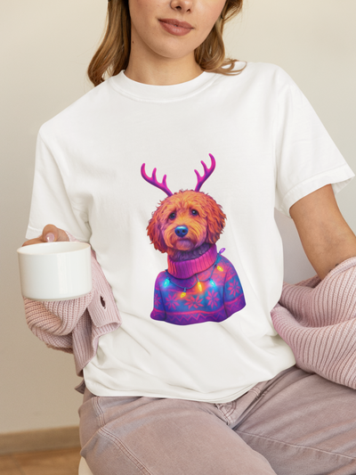 Golden Doodle in Reindeer Antler Sweater T-Shirt | Holiday Dog Portrait