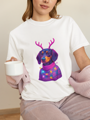 Dachshund in Reindeer Antlers T-Shirt | Christmas Sweater Lights Design