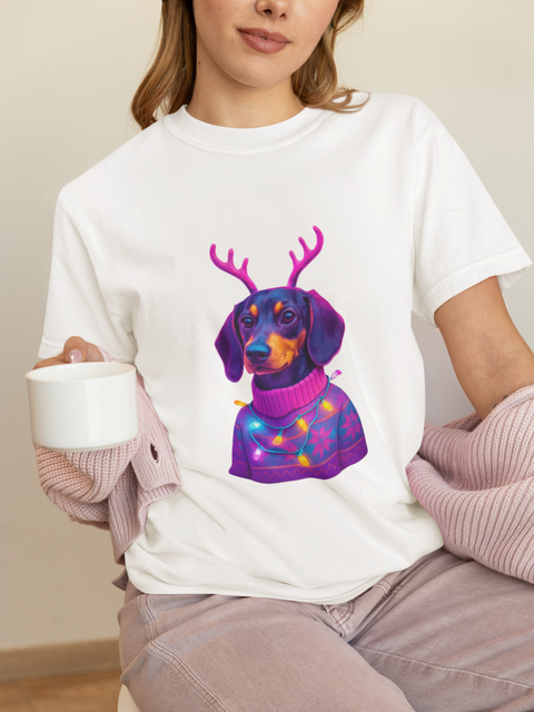 Dachshund in Reindeer Antlers T-Shirt | Christmas Sweater Lights Design