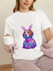 Neon Beagle in Reindeer Antlers T-Shirt | Christmas Dog Sweater Design