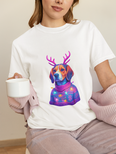 Neon Beagle in Reindeer Antlers T-Shirt | Christmas Dog Sweater Design