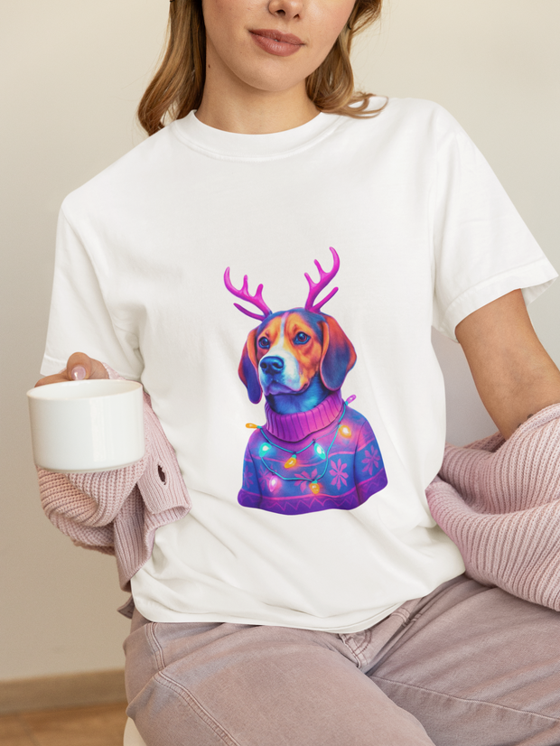 Neon Beagle in Reindeer Antlers T-Shirt | Christmas Dog Sweater Design