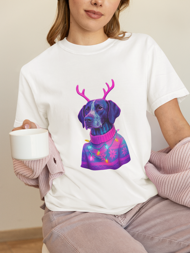 Neon Reindeer German Shorthaired Pointer T-Shirt | Festive Sweater Pup Holiday Tee