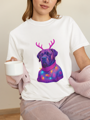 Neon English Mastiff Dog with Antlers T-Shirt | Christmas Sweater Lights Design