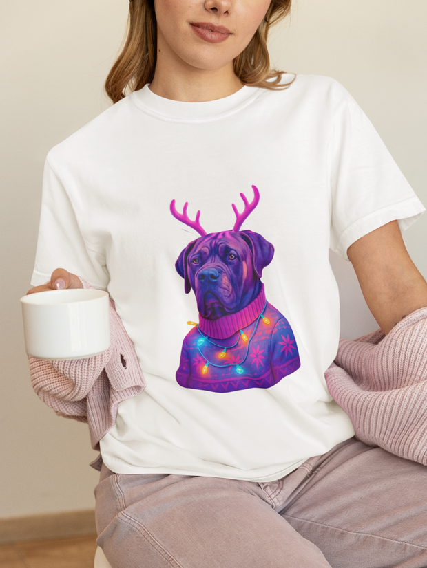Neon English Mastiff Dog with Antlers T-Shirt | Christmas Sweater Lights Design