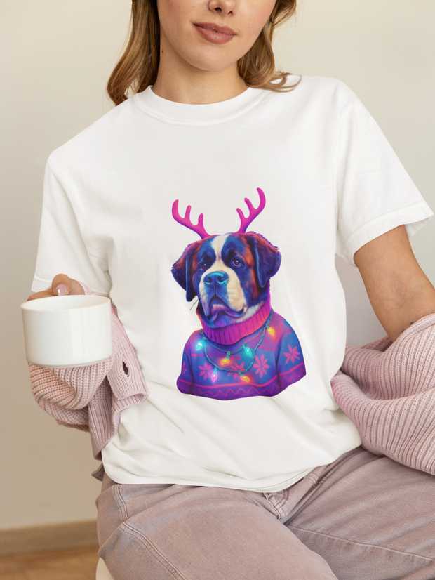 Saint Bernard in Reindeer Antlers T-Shirt | Holiday Dog Sweater Design