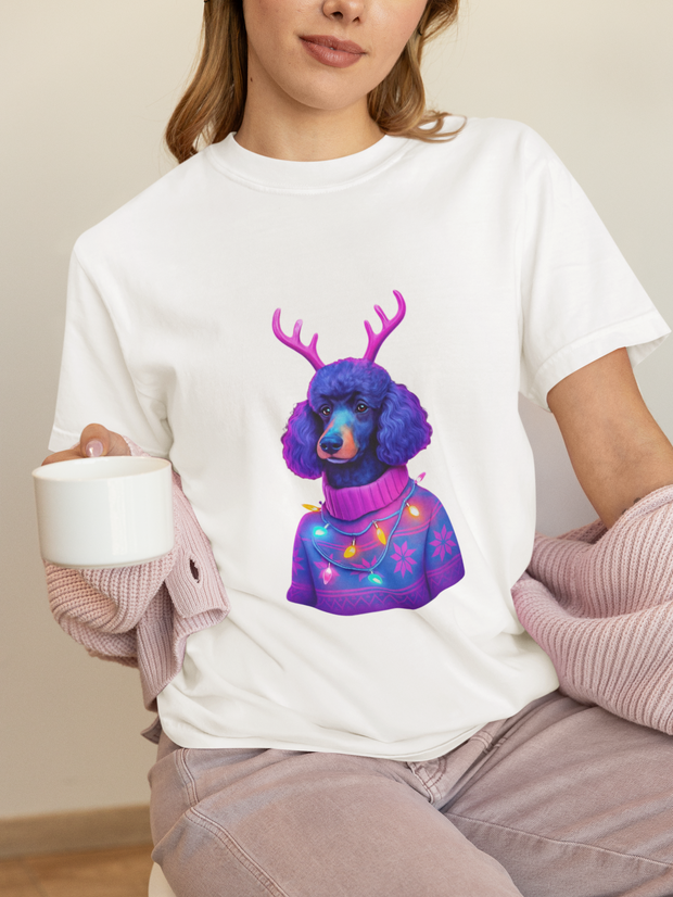 Poodle with Antlers in Light-Up Sweater T-Shirt | Neon Holiday Dog Design