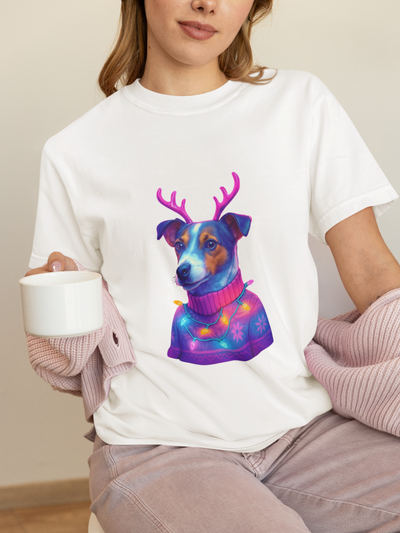 Jack Russell in Reindeer Sweater T-shirt | Neon Holiday Dog Design