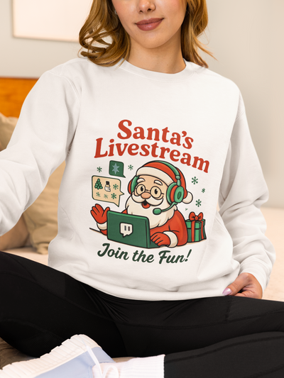 Cozy Christmas Crewneck Sweatshirt - Santa's Livestream Fun, Unisex Holiday Pullover, Gift for Gamers, Xmas Comfort Wear, Festive Sweatshirt