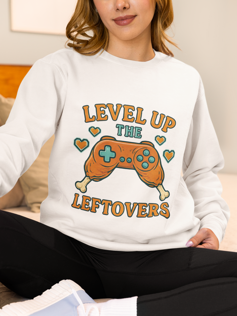 Funny Gamer Sweatshirt, Level Up Leftovers Crewneck, Gifts for Gamers, Casual Wear, Thanksgiving Sweatshirt, Cute Holiday Apparel